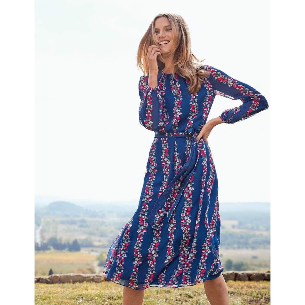 Boden Blue Floral Stripe Chiffon Midi Dress Long Sleeve Belted V-Neck Size 4R